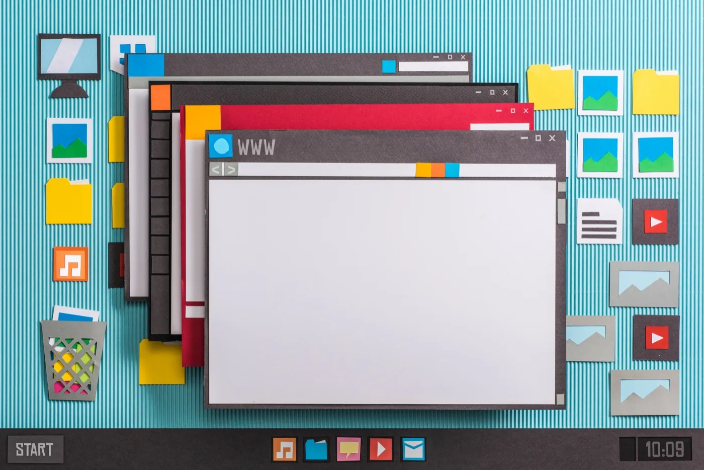 Interfaz de software de escritorio con ventanas de aplicaciones y carpetas
