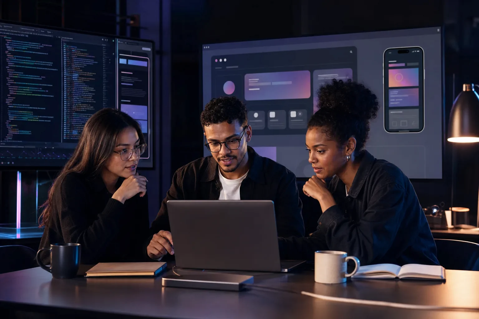 A product team collaborating around a laptop with code, an admin interface, and a security gate verdict on screen.