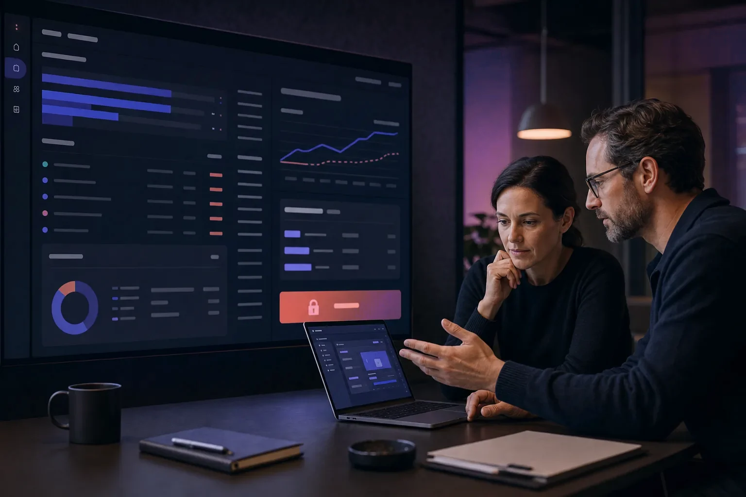 A founder and engineering lead reviewing an AI build cost ledger and a guarded approval state.