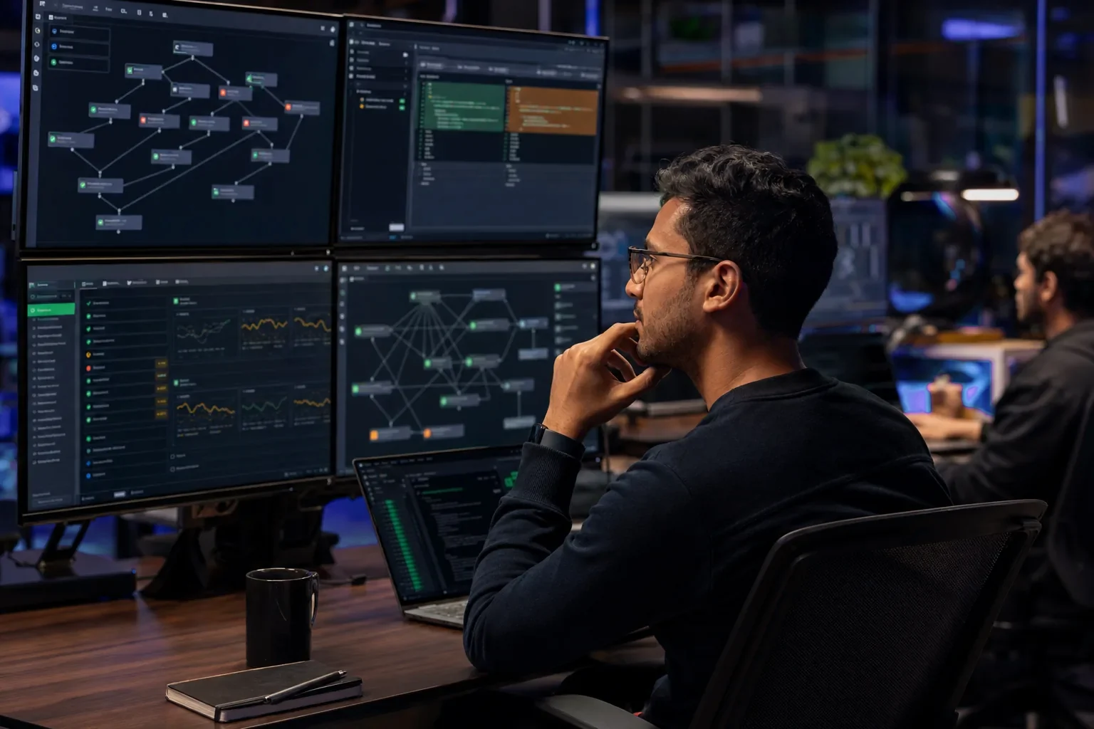 A software engineer reviewing an orchestration workspace with dependency graphs, code patches, and build signals.